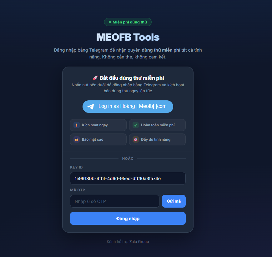 Đăng nhập bằng Telegram để kích hoạt DeviceID