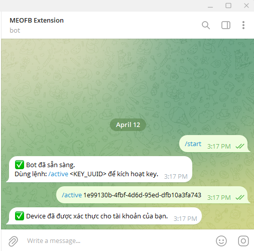 Kích hoạt bằng bot Telegram @meofbtoolsbot